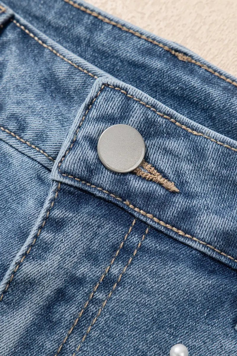 Dusk Blue Pearl Beaded Raw Hem Medium Wash Denim Shorts - Love Salve